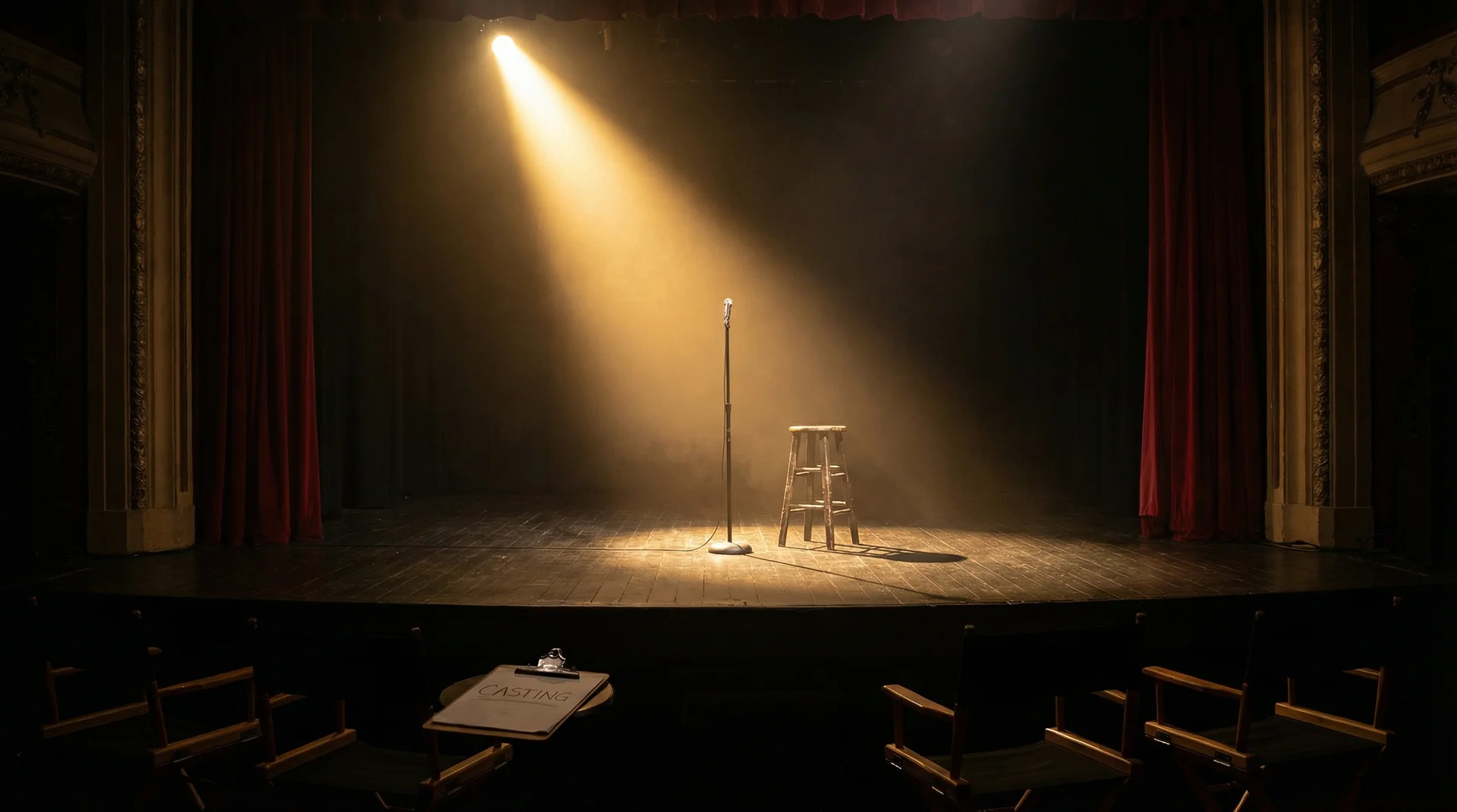 大江大河的演员 选角现场，聚光灯下的空舞台等待演员登场